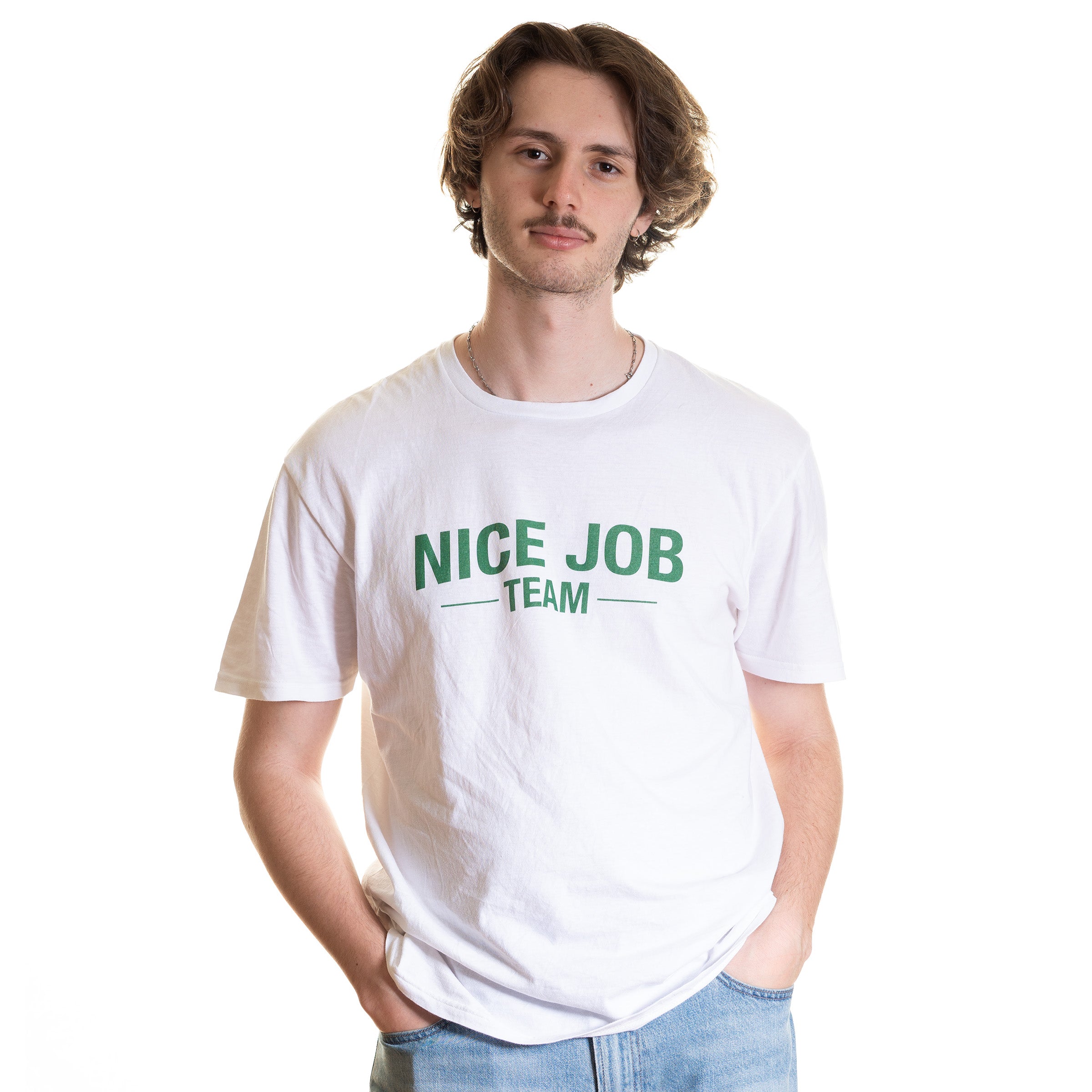 White T-Shirt — NICE JOB TEAM (Green print)