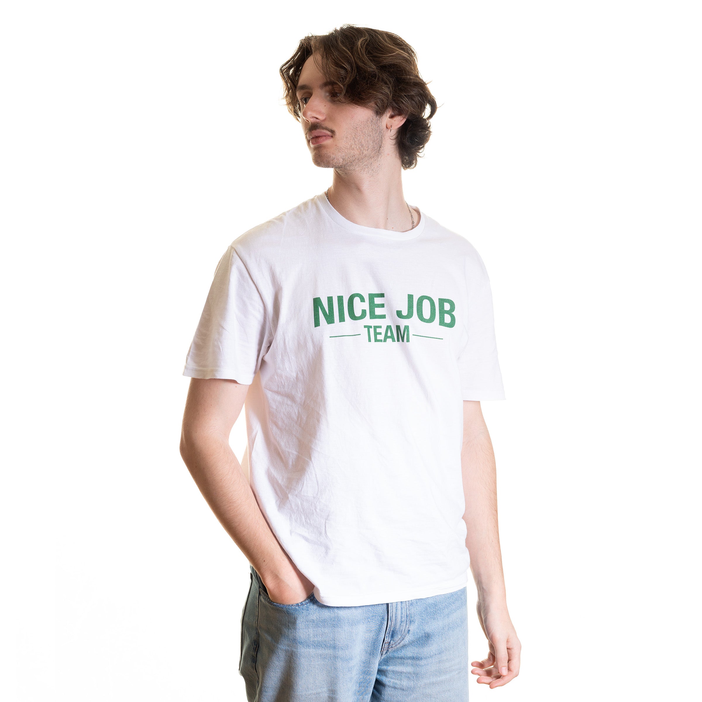 White T-Shirt — NICE JOB TEAM (Green print)