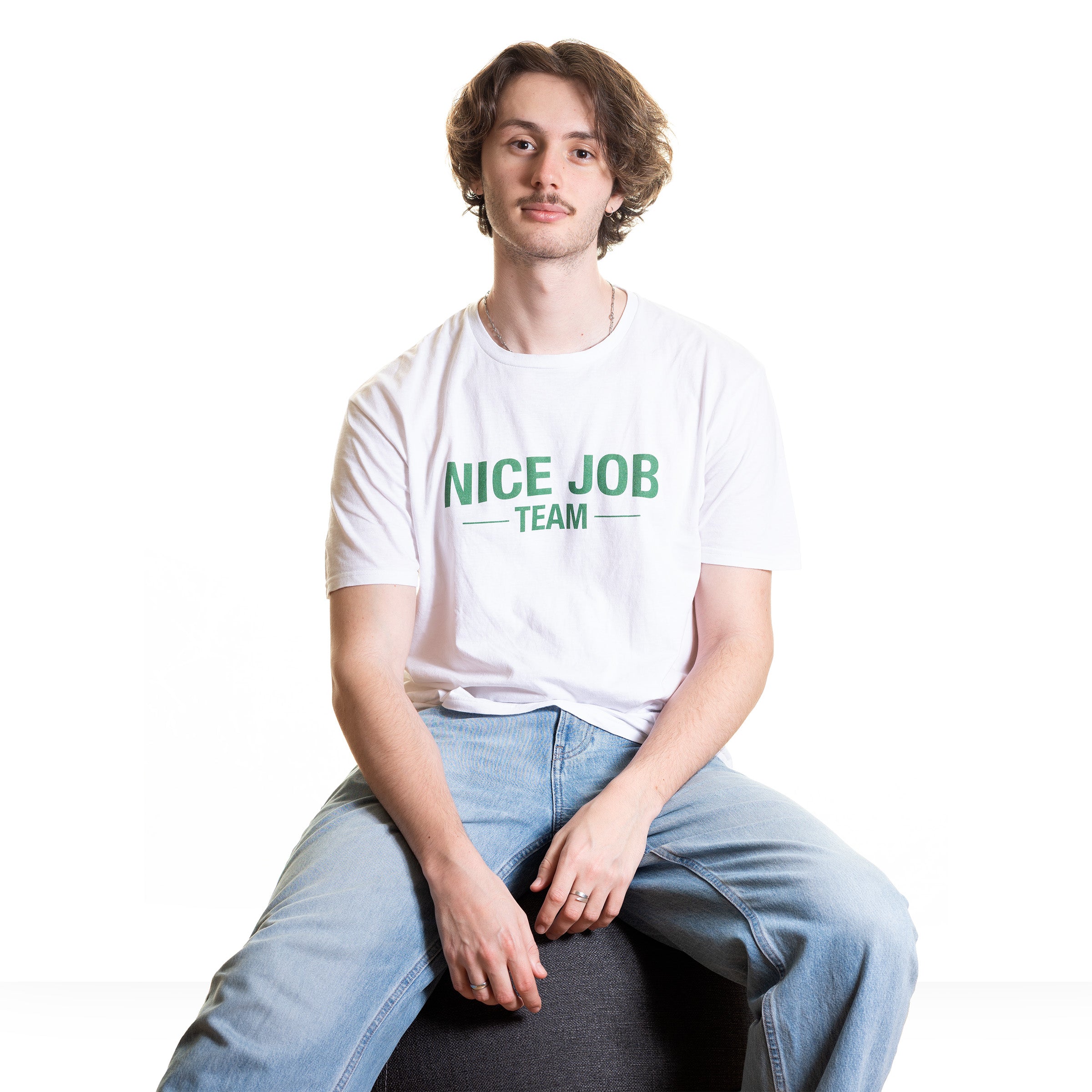 White T-Shirt — NICE JOB TEAM (Green print)