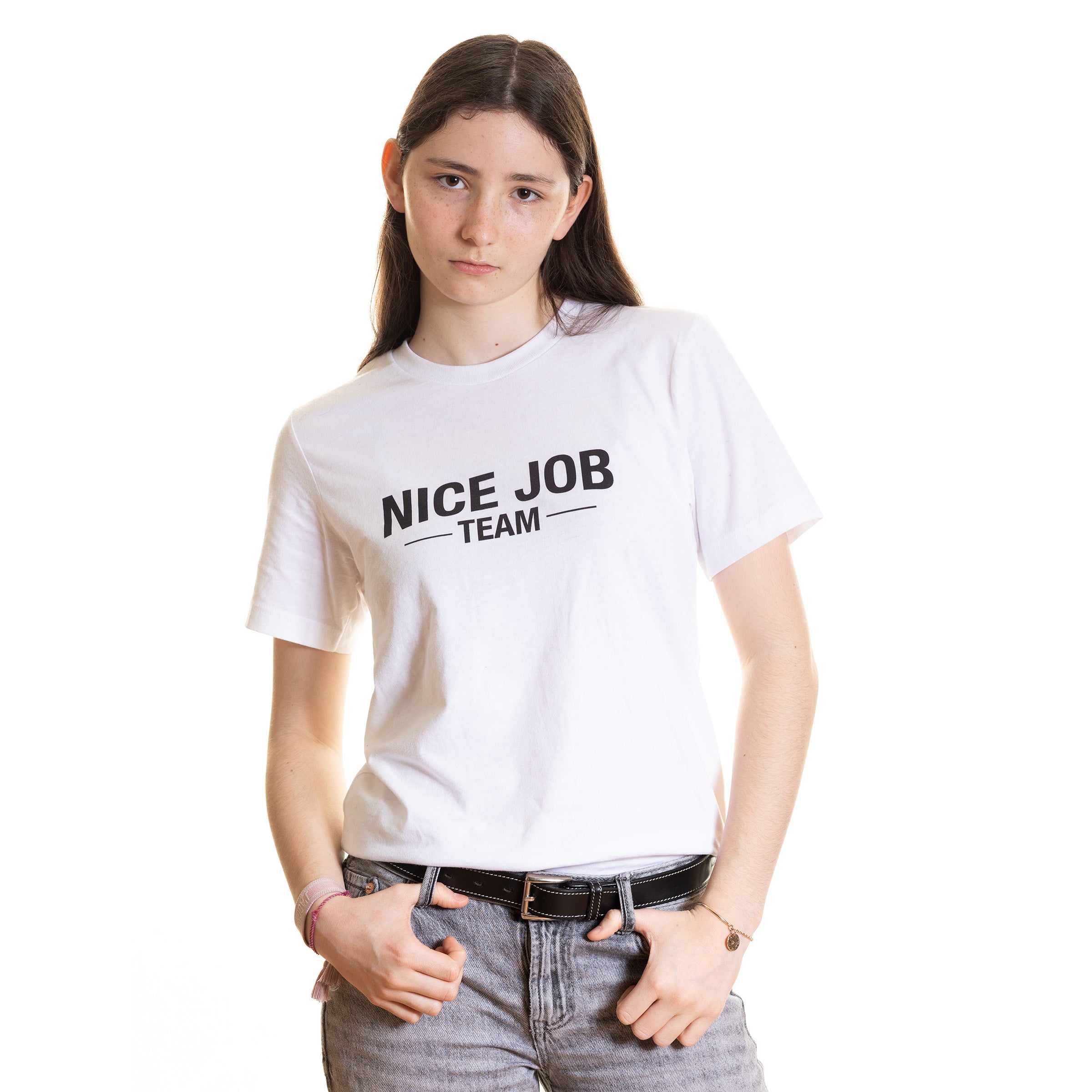 White T-Shirt — NICE JOB TEAM (black print)