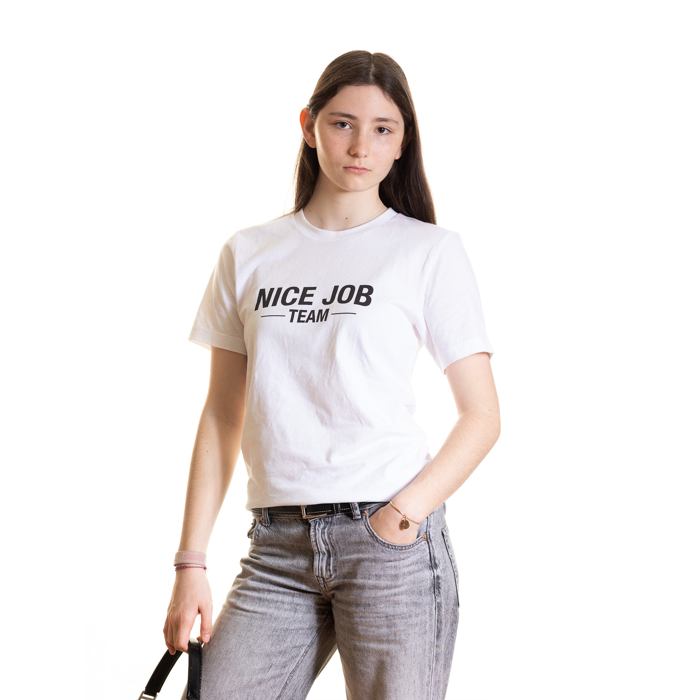 White T-Shirt — NICE JOB TEAM (black print)